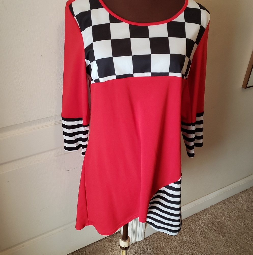 Red And Black/White Checkered and Striped Long Top